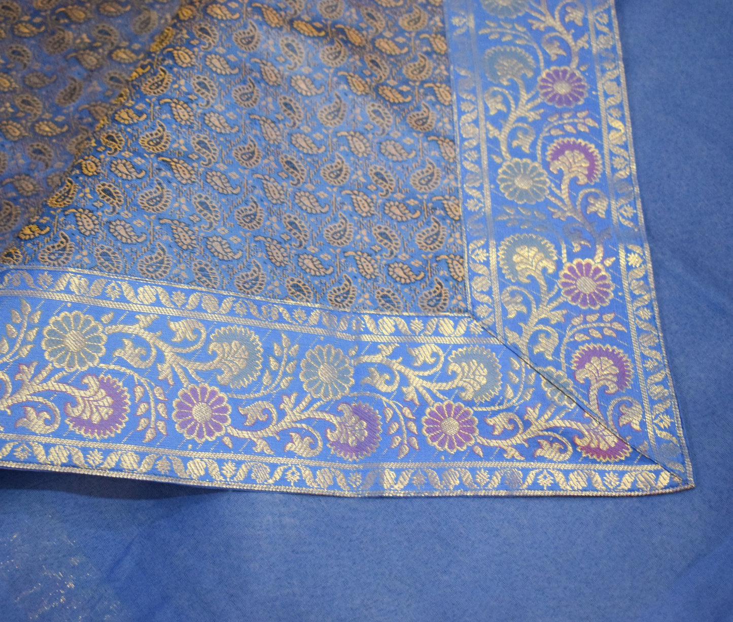 Blue Banarasi Bed, Cushion & Pillow Cover Set Indian Silk & Woven Zari Brocade