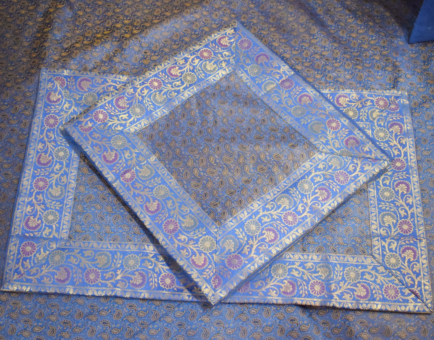 Blue Banarasi Bed, Cushion & Pillow Cover Set Indian Silk & Woven Zari Brocade