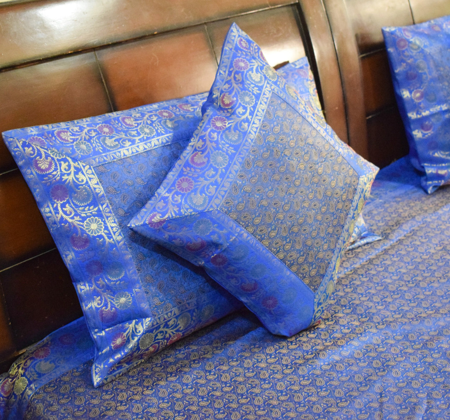 Blue Banarasi Bed, Cushion & Pillow Cover Set Indian Silk & Woven Zari Brocade