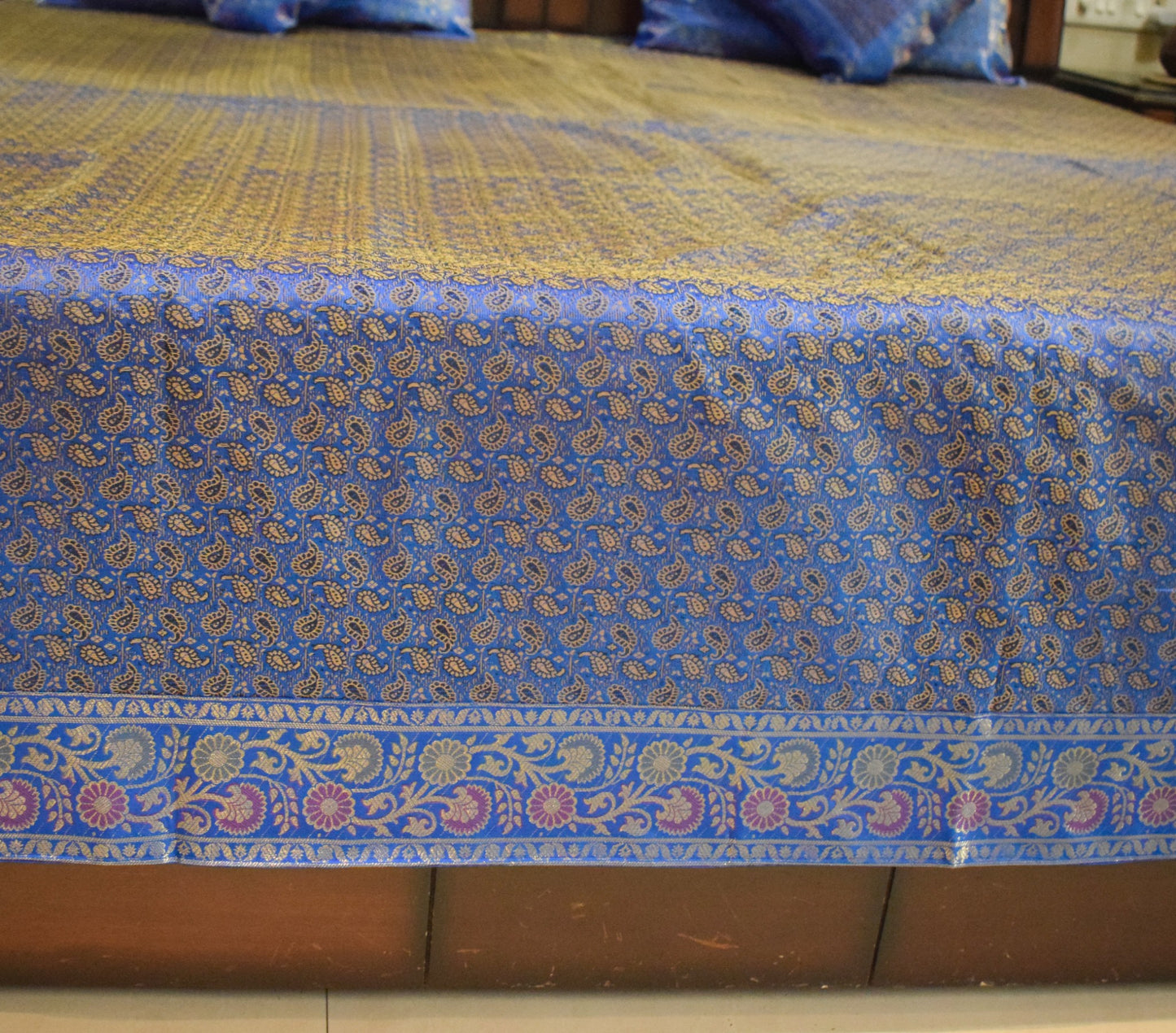 Blue Banarasi Bed, Cushion & Pillow Cover Set Indian Silk & Woven Zari Brocade