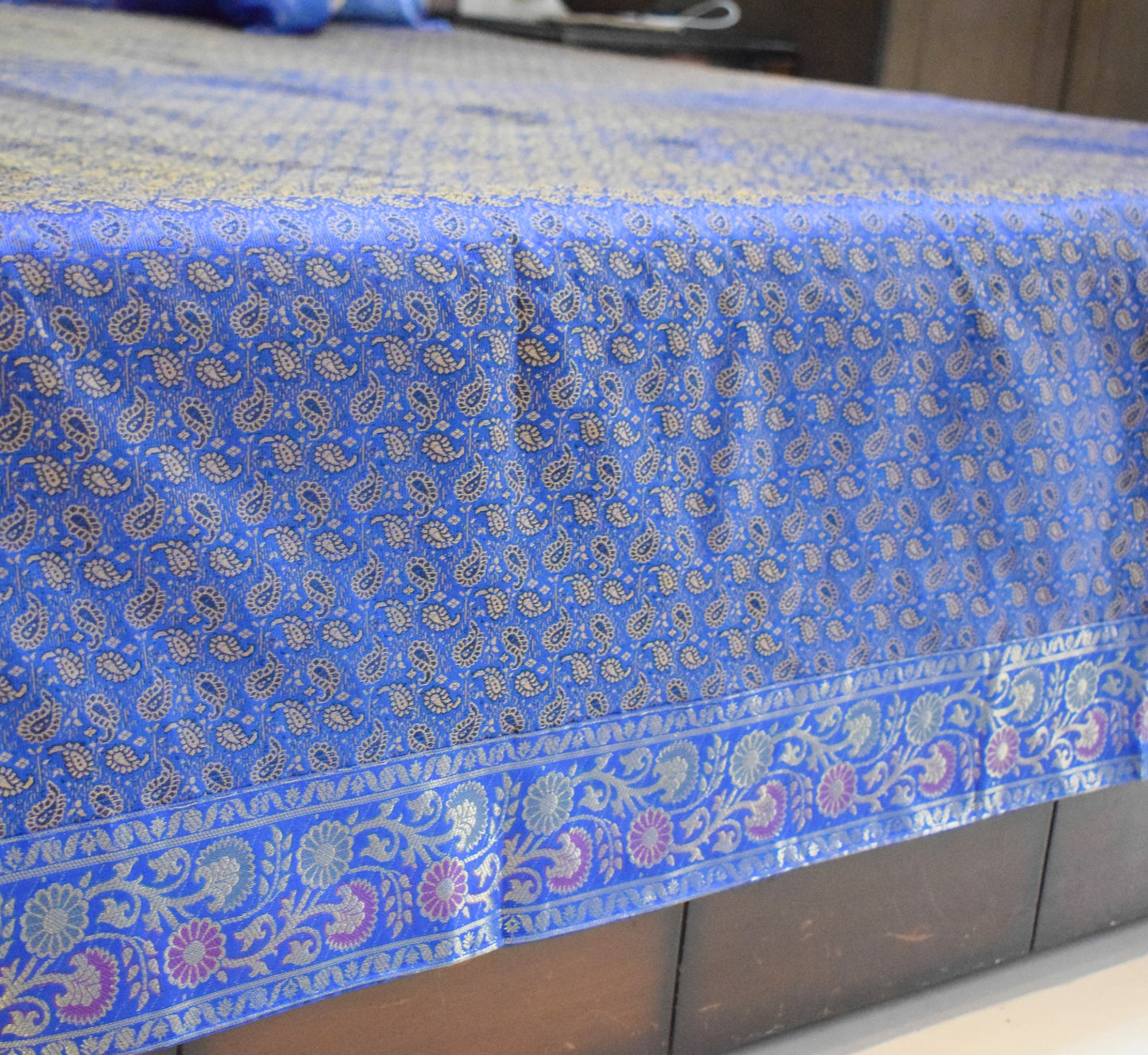 Blue Banarasi Bed, Cushion & Pillow Cover Set Indian Silk & Woven Zari Brocade