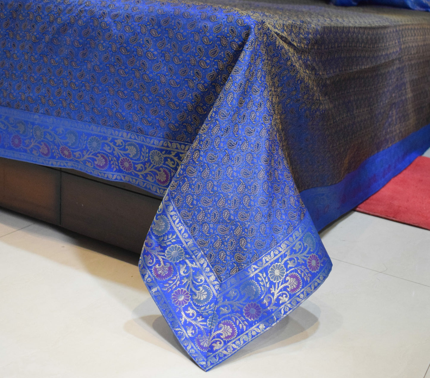 Blue Banarasi Bed, Cushion & Pillow Cover Set Indian Silk & Woven Zari Brocade