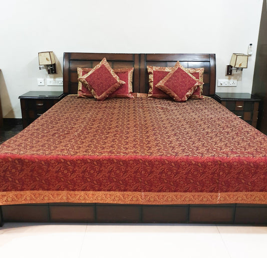Banarasi Bed Cushion& Pillow Cover Set Art Silk Woven Brocade Maroon Indian Gift