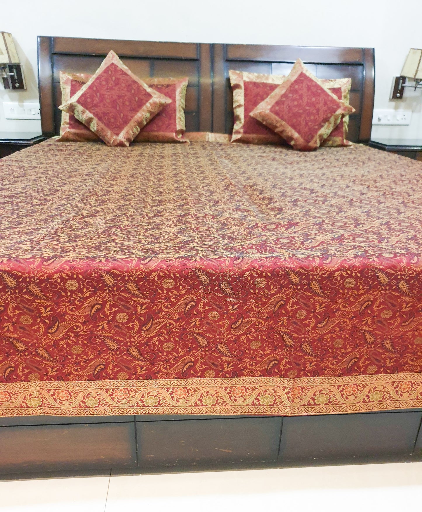 Banarasi Bed Cushion& Pillow Cover Set Art Silk Woven Brocade Maroon Indian Gift