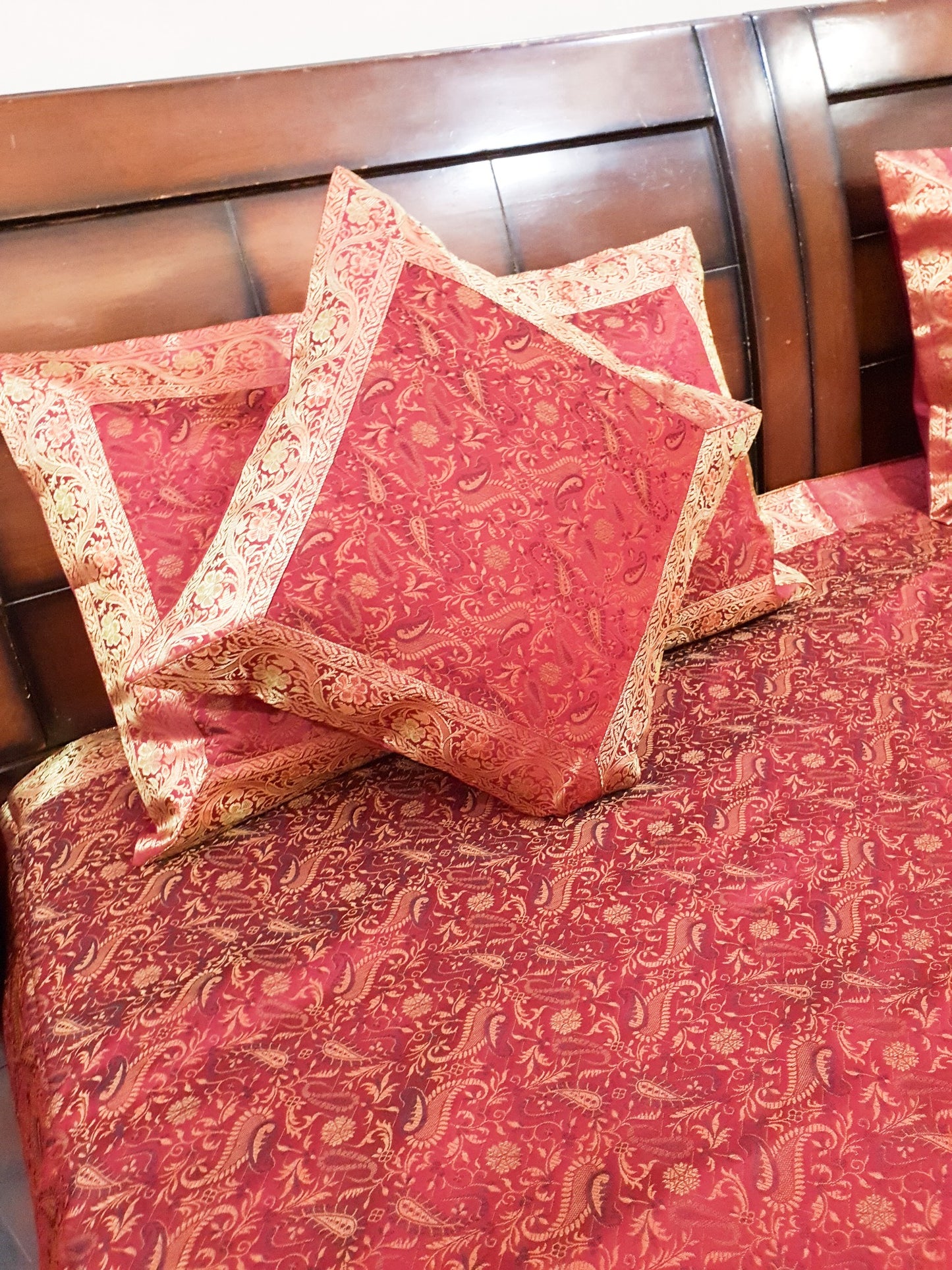 Banarasi Bed Cushion& Pillow Cover Set Art Silk Woven Brocade Maroon Indian Gift