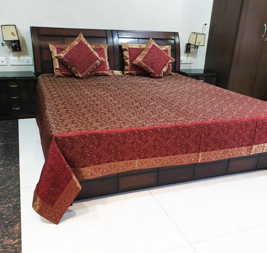 Banarasi Bed Cushion& Pillow Cover Set Art Silk Woven Brocade Maroon Indian Gift