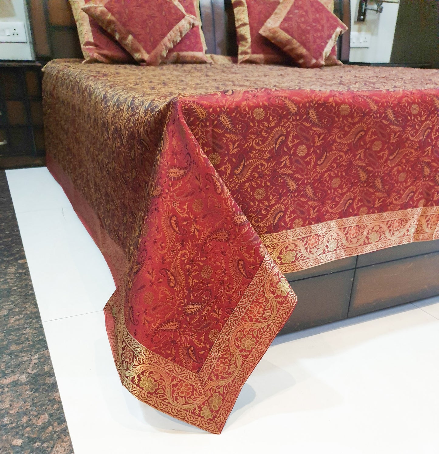 Banarasi Bed Cushion& Pillow Cover Set Art Silk Woven Brocade Maroon Indian Gift