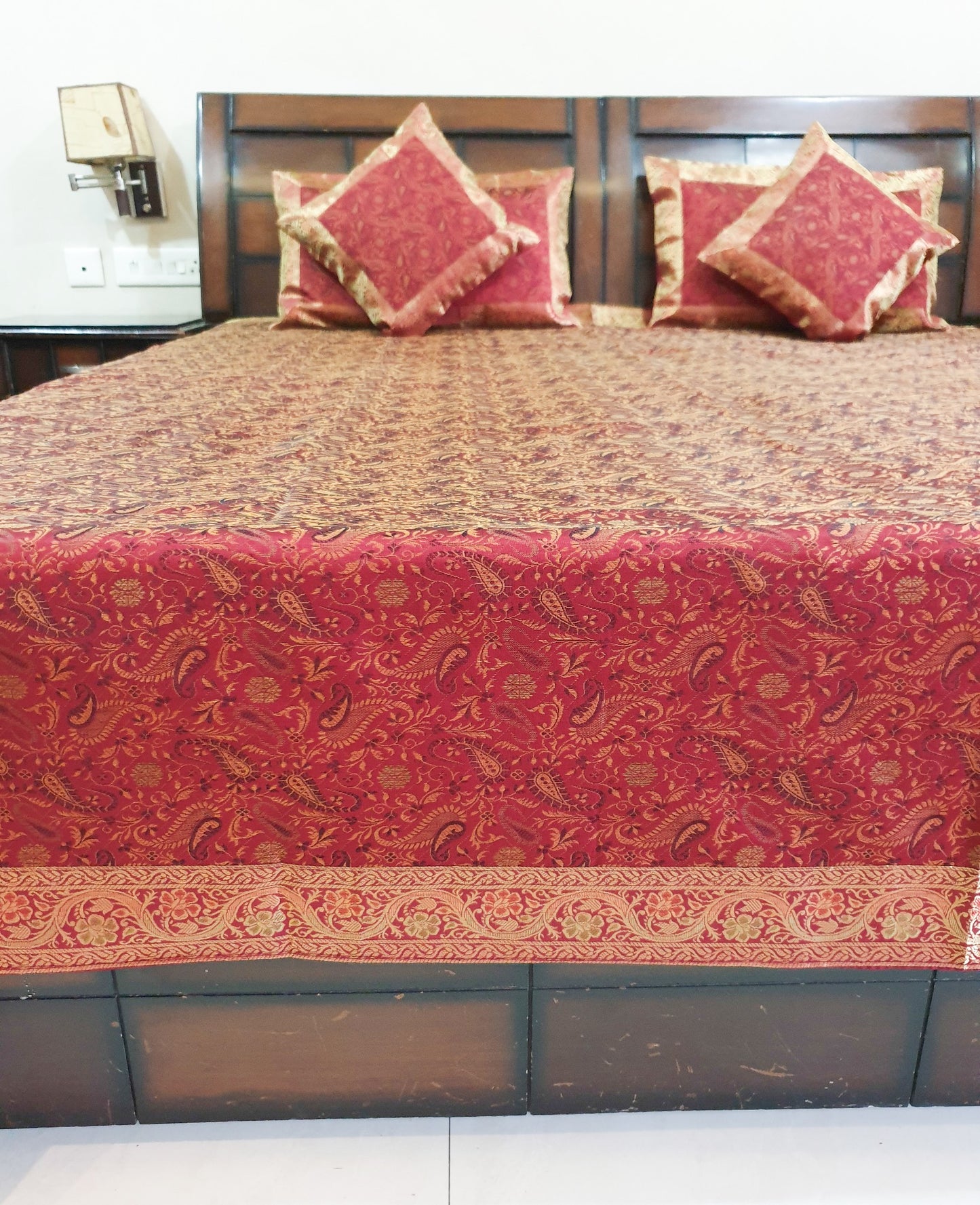Banarasi Bed Cushion& Pillow Cover Set Art Silk Woven Brocade Maroon Indian Gift