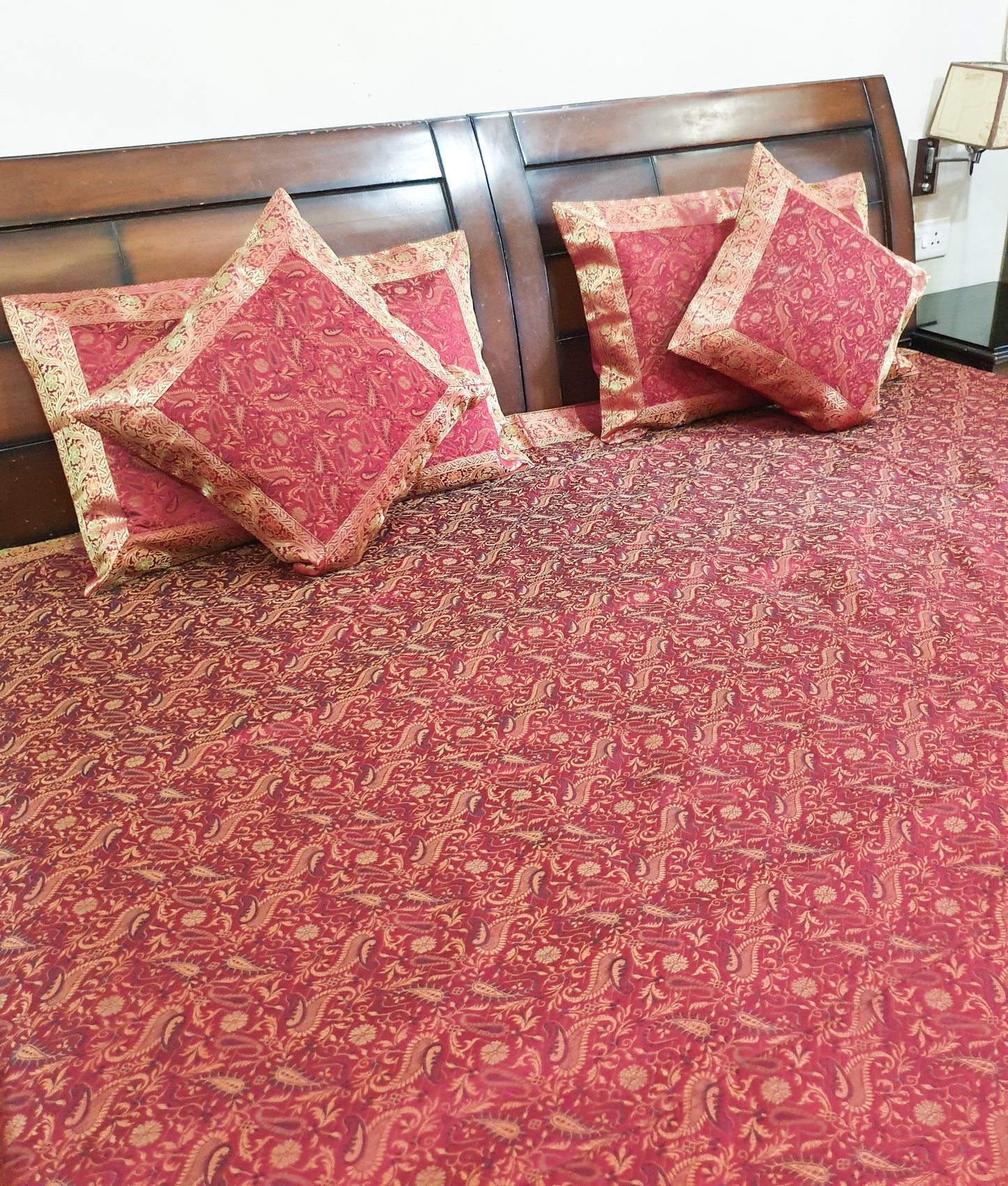 Banarasi Bed Cushion& Pillow Cover Set Art Silk Woven Brocade Maroon Indian Gift