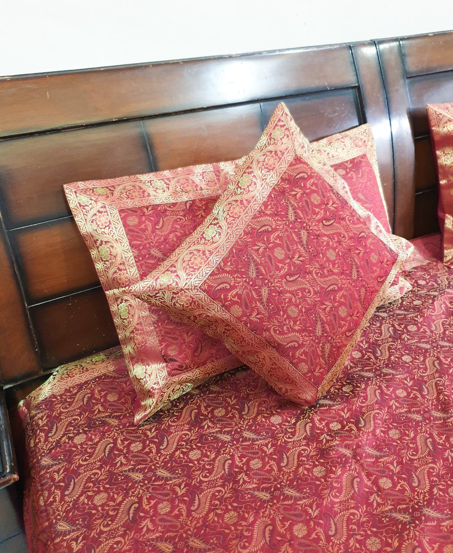 Banarasi Bed Cushion& Pillow Cover Set Art Silk Woven Brocade Maroon Indian Gift