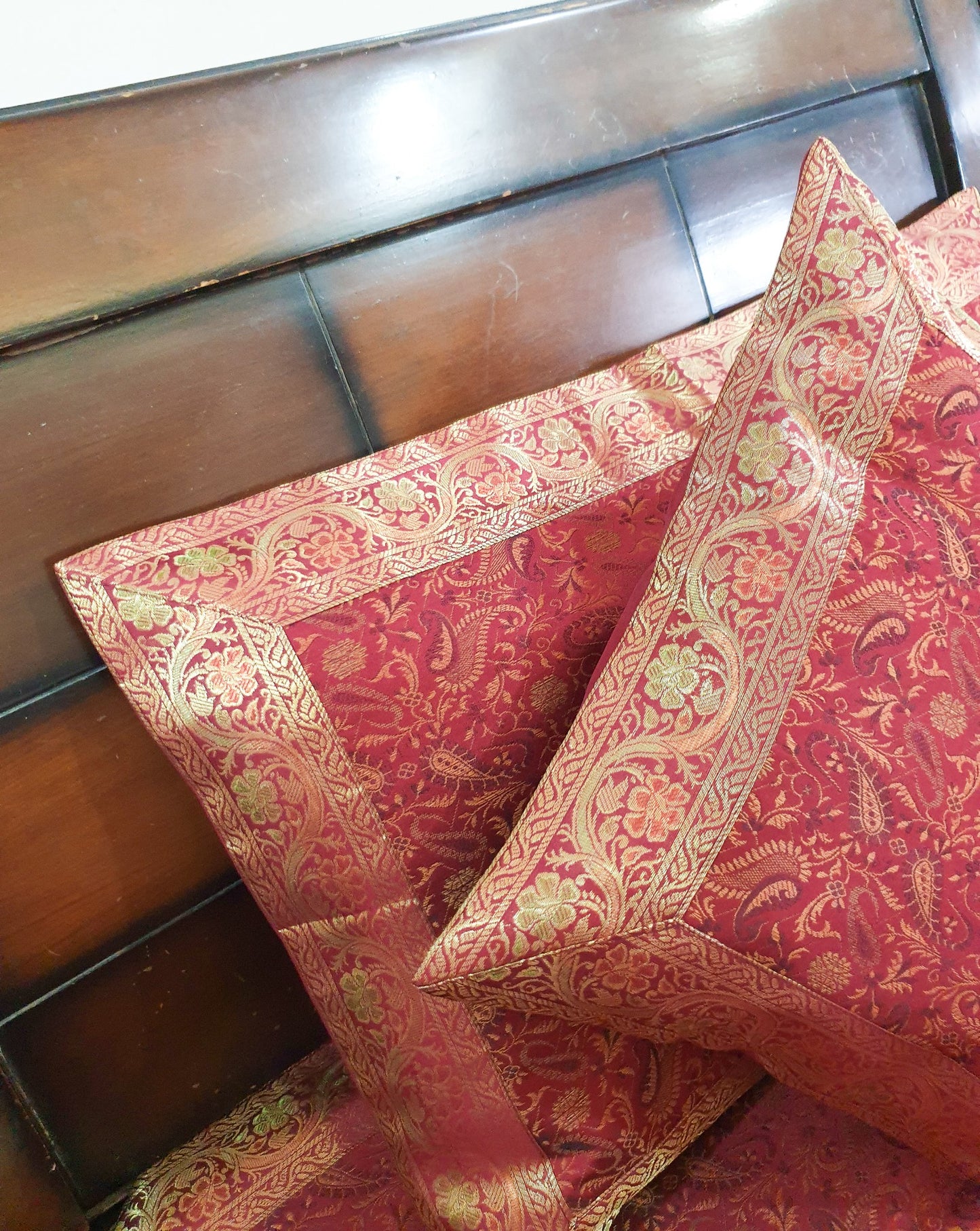 Banarasi Bed Cushion& Pillow Cover Set Art Silk Woven Brocade Maroon Indian Gift