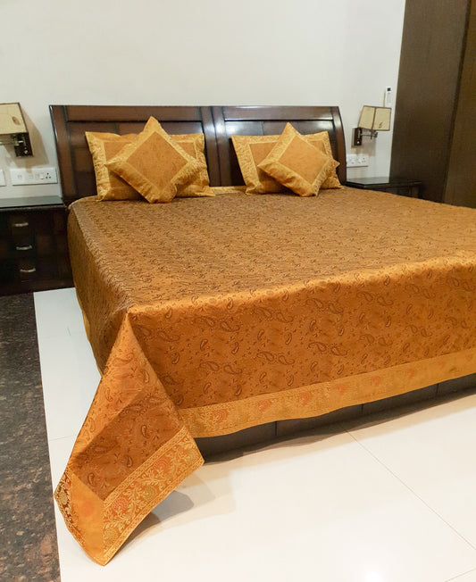 Banarasi Bed Cushion&Pillow Cover Set Art Silk Woven Brocade Yellow Indian Gift