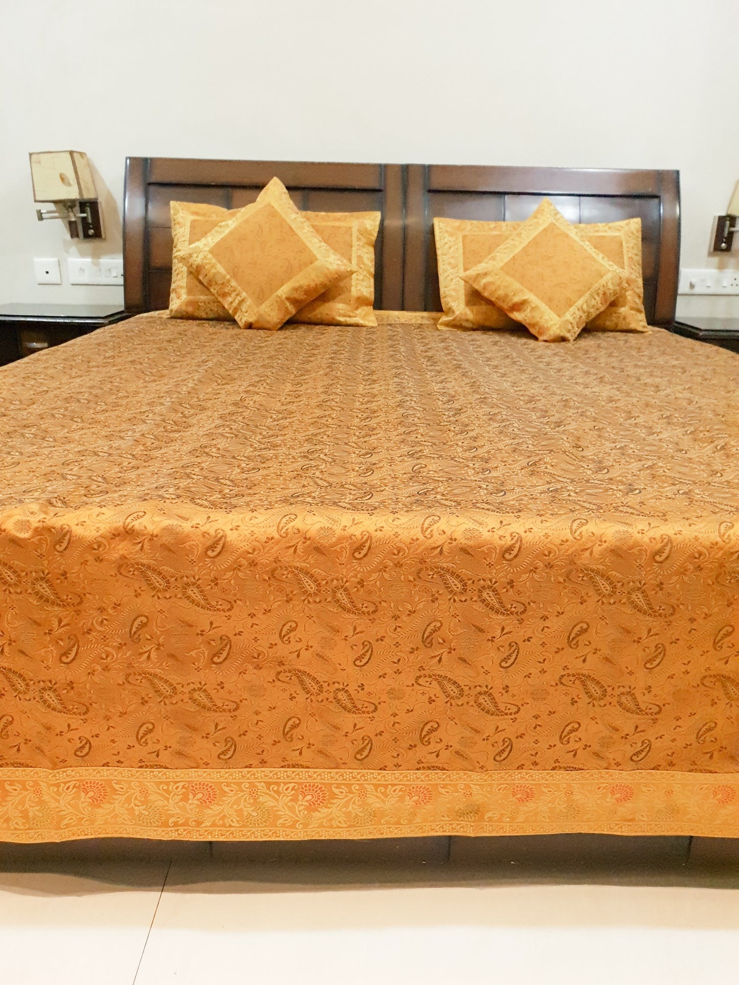 Banarasi Bed Cushion&Pillow Cover Set Art Silk Woven Brocade Yellow Indian Gift