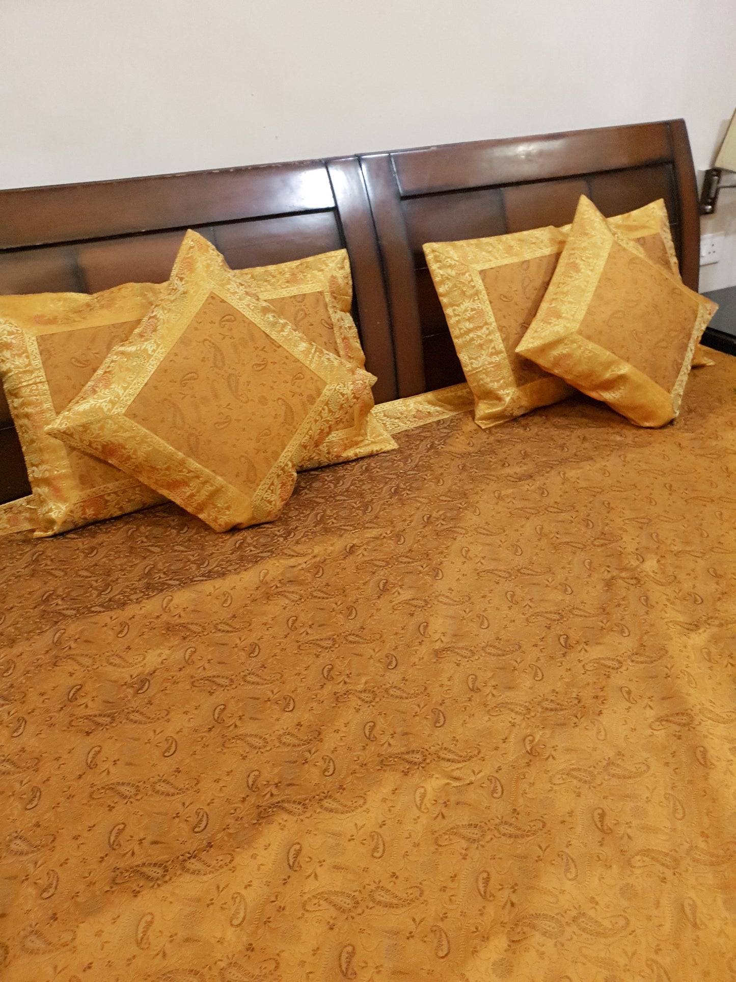 Banarasi Bed Cushion&Pillow Cover Set Art Silk Woven Brocade Yellow Indian Gift