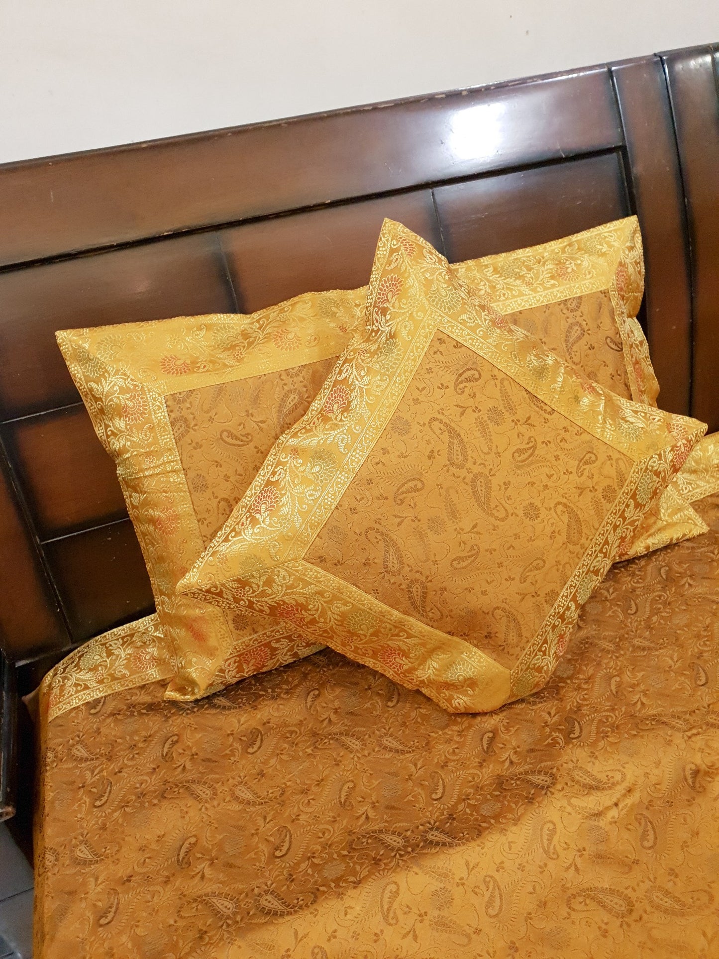 Banarasi Bed Cushion&Pillow Cover Set Art Silk Woven Brocade Yellow Indian Gift
