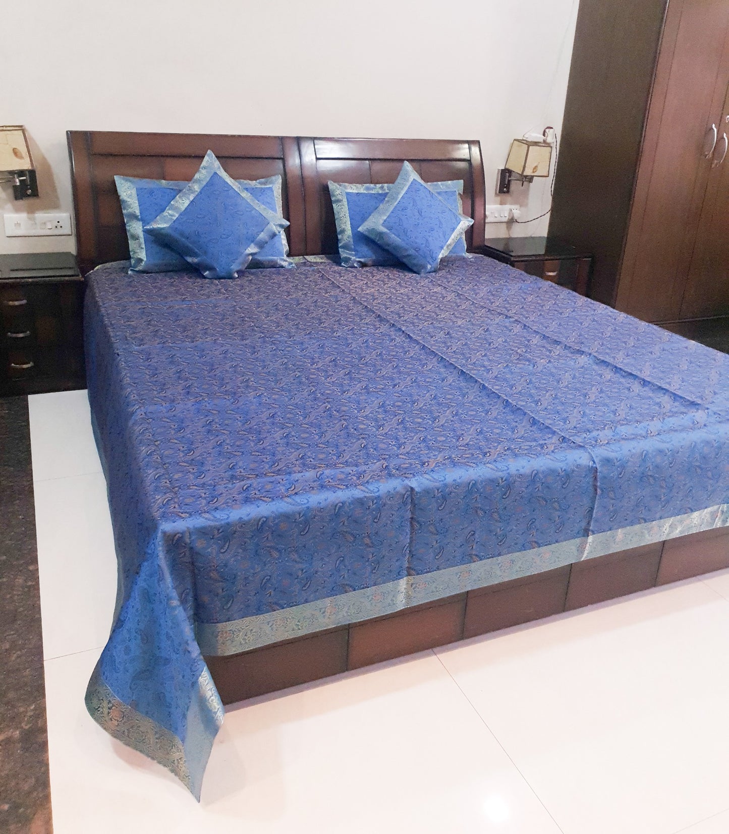 Banarasi Turquoise Blue Bed Cushion & Pillow Cover Set Silk Woven Zari Brocade