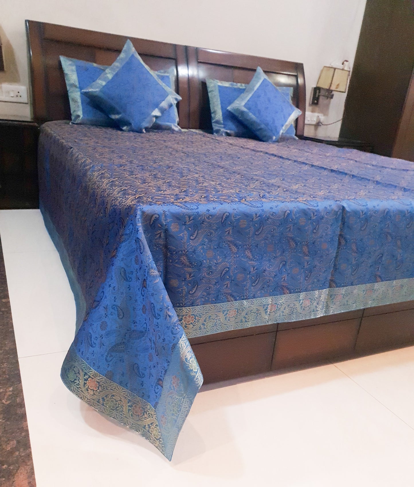 Banarasi Turquoise Blue Bed Cushion & Pillow Cover Set Silk Woven Zari Brocade
