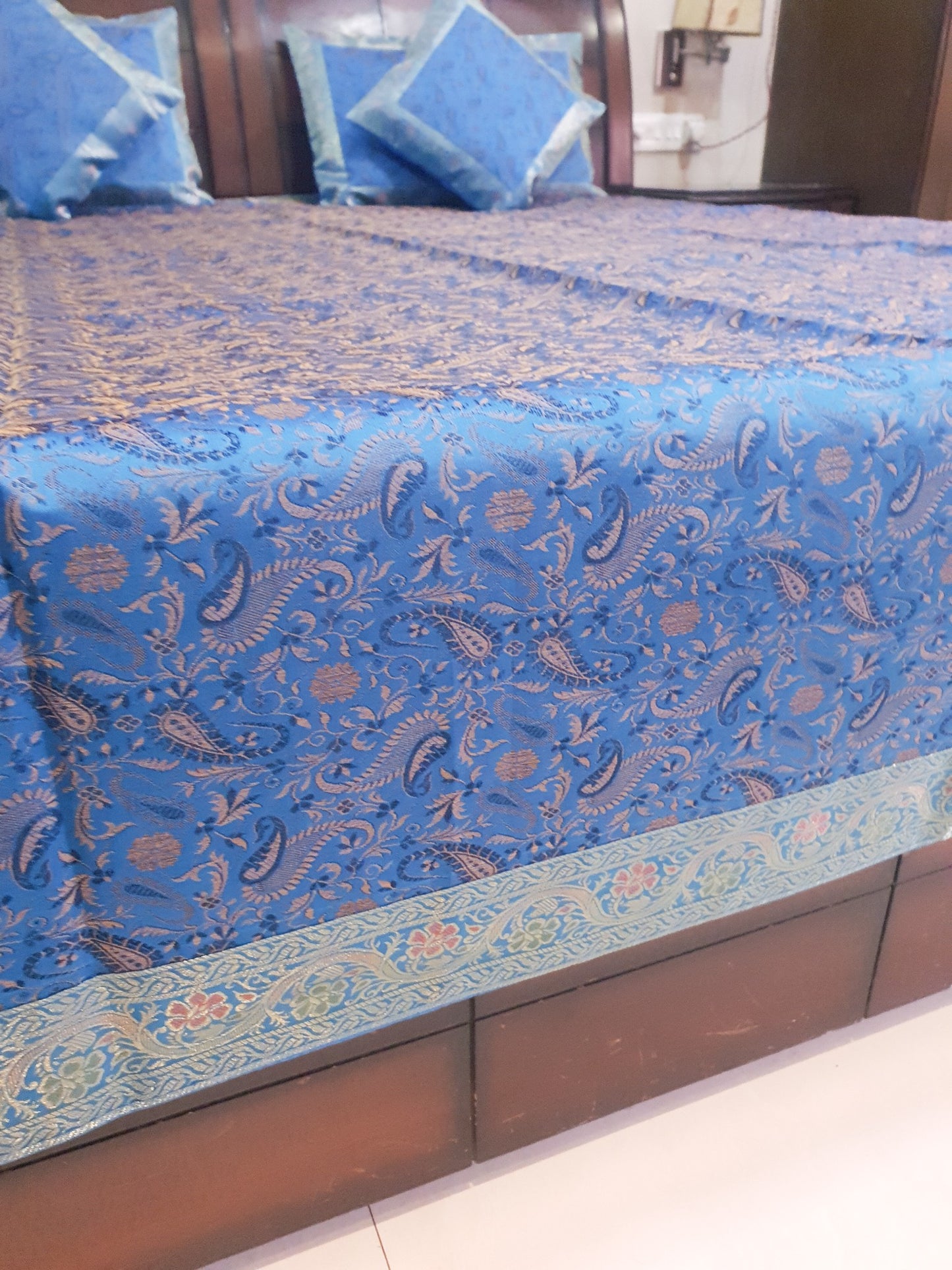 Banarasi Turquoise Blue Bed Cushion & Pillow Cover Set Silk Woven Zari Brocade