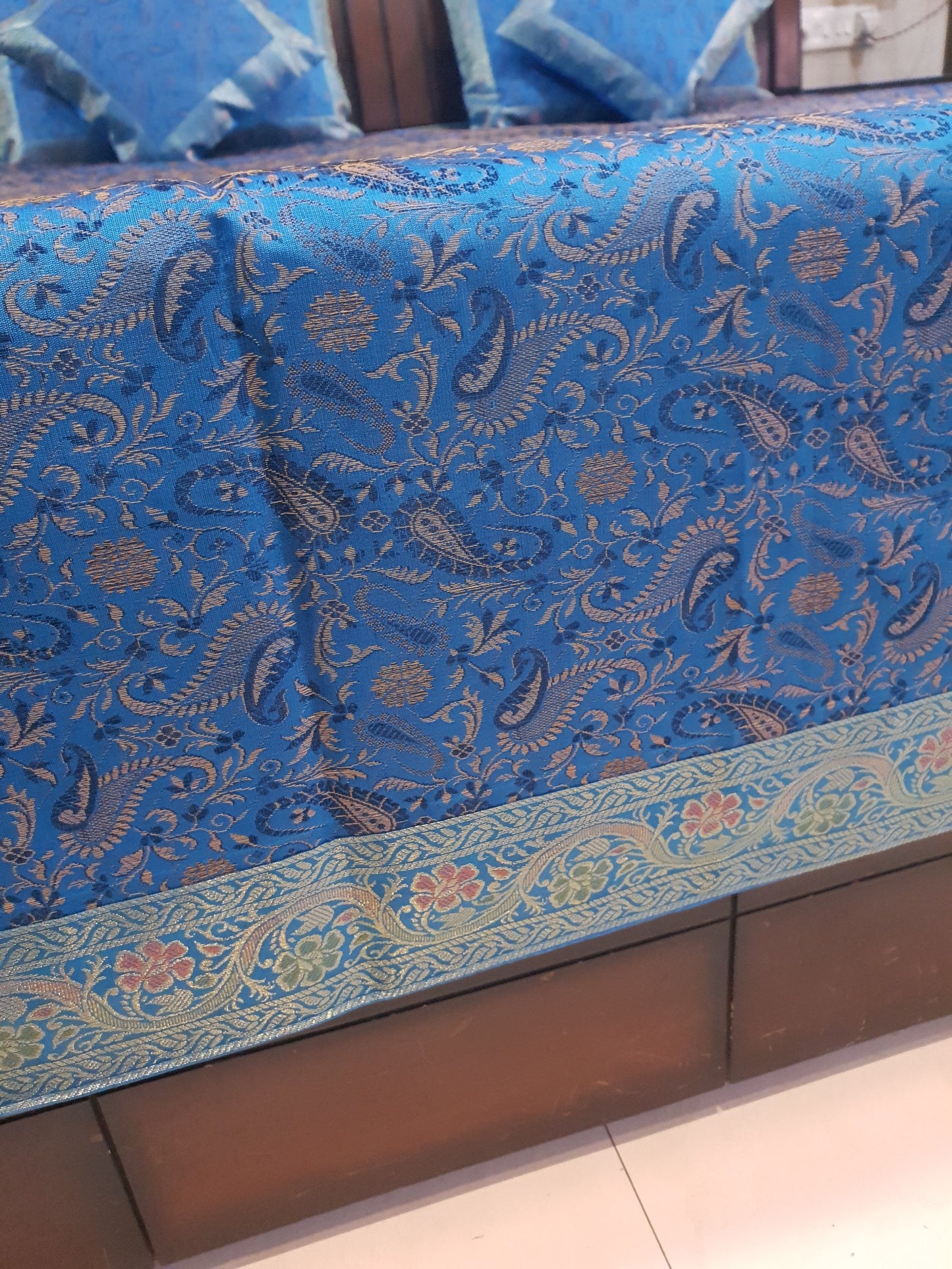 Banarasi Turquoise Blue Bed Cushion & Pillow Cover Set Silk Woven Zari Brocade