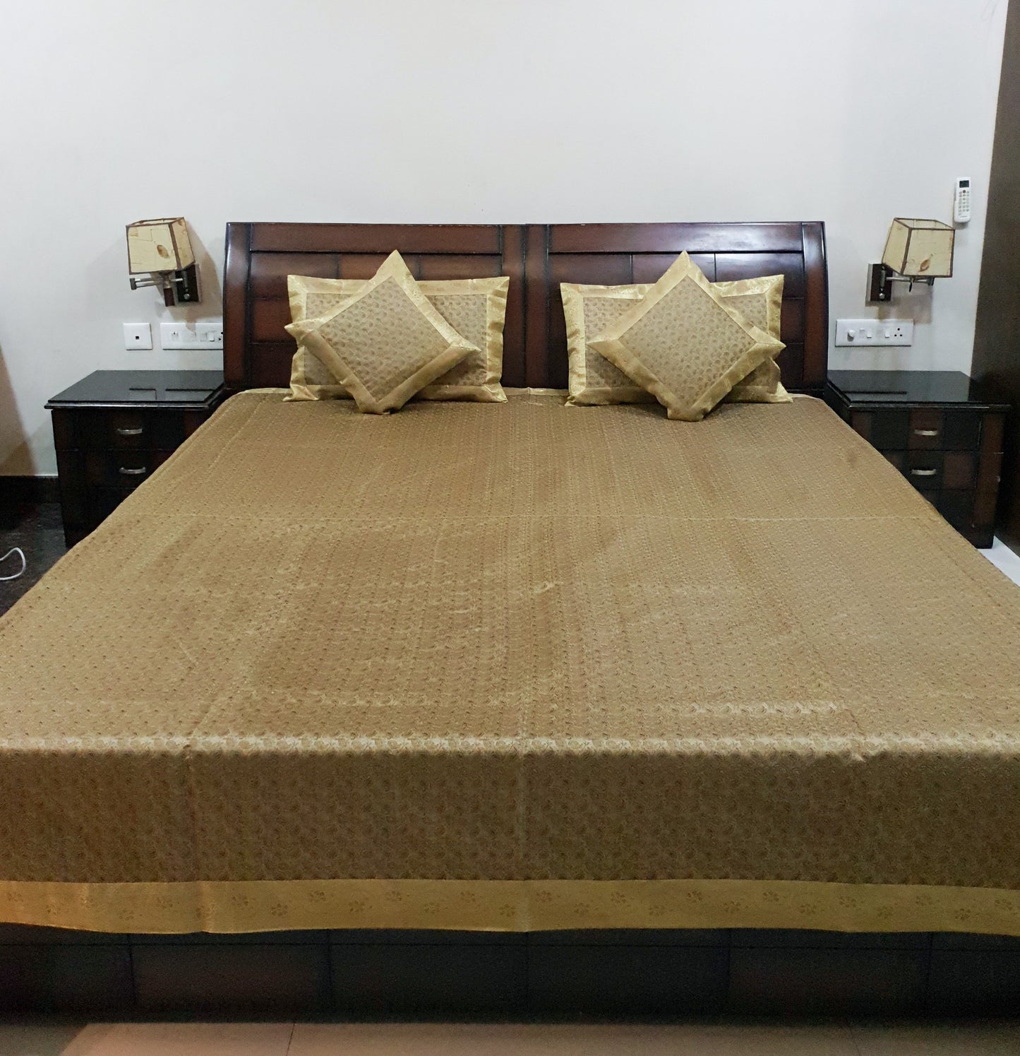 Banarasi Beige Bed Cushion & Pillow Cover Set Art Silk Woven Brocade Indian Gift