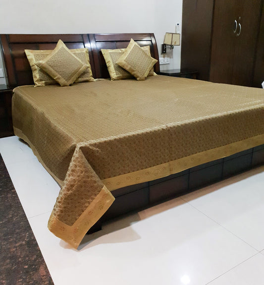 Banarasi Beige Bed Cushion & Pillow Cover Set Art Silk Woven Brocade Indian Gift