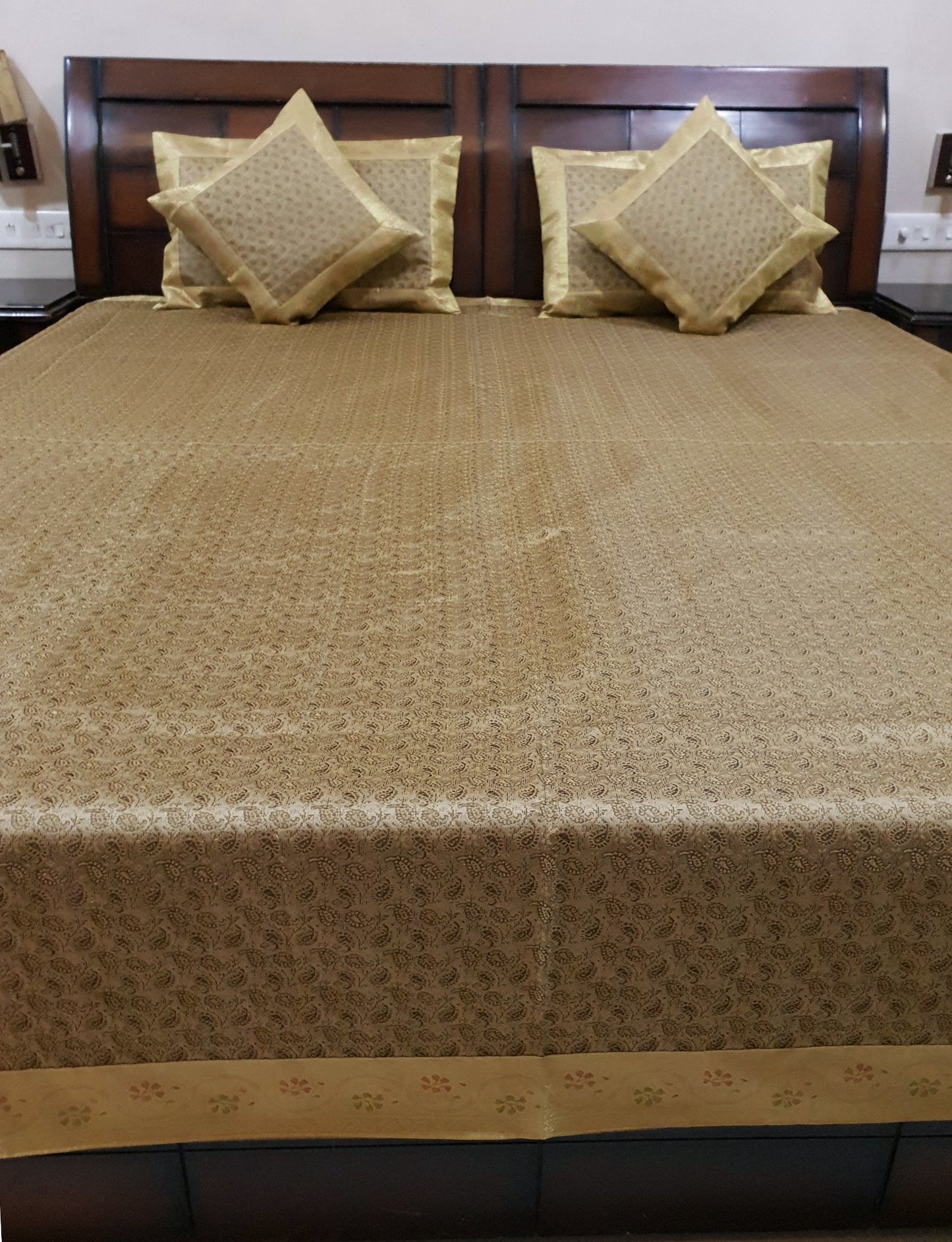 Banarasi Beige Bed Cushion & Pillow Cover Set Art Silk Woven Brocade Indian Gift