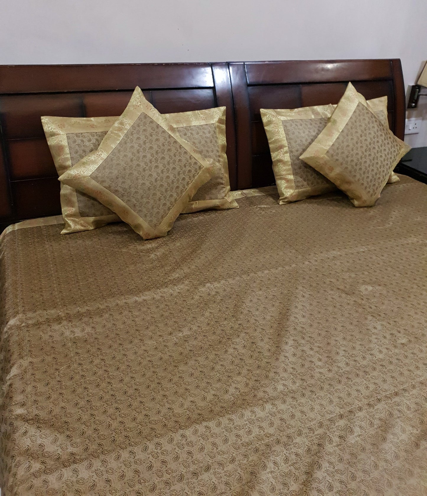 Banarasi Beige Bed Cushion & Pillow Cover Set Art Silk Woven Brocade Indian Gift