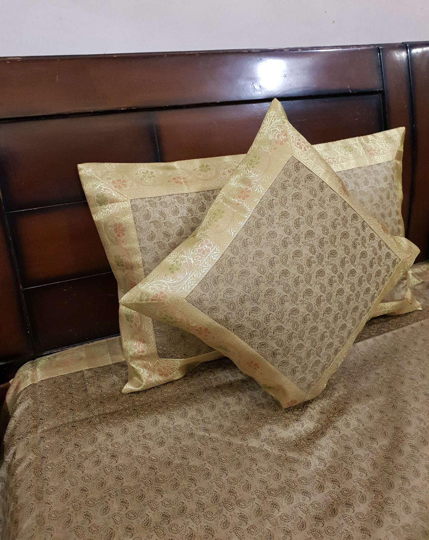 Banarasi Beige Bed Cushion & Pillow Cover Set Art Silk Woven Brocade Indian Gift
