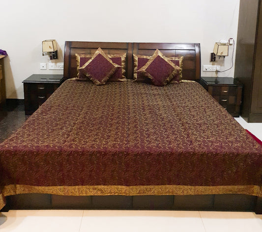 Banarasi Bed Cushion & Pillow Cover Set Wine Art Silk Woven Brocade Indian Gift
