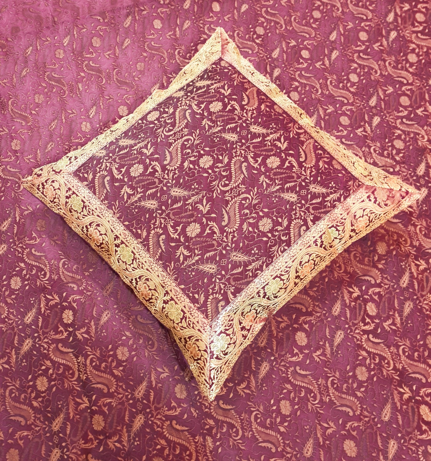 Banarasi Bed Cushion & Pillow Cover Set Wine Art Silk Woven Brocade Indian Gift