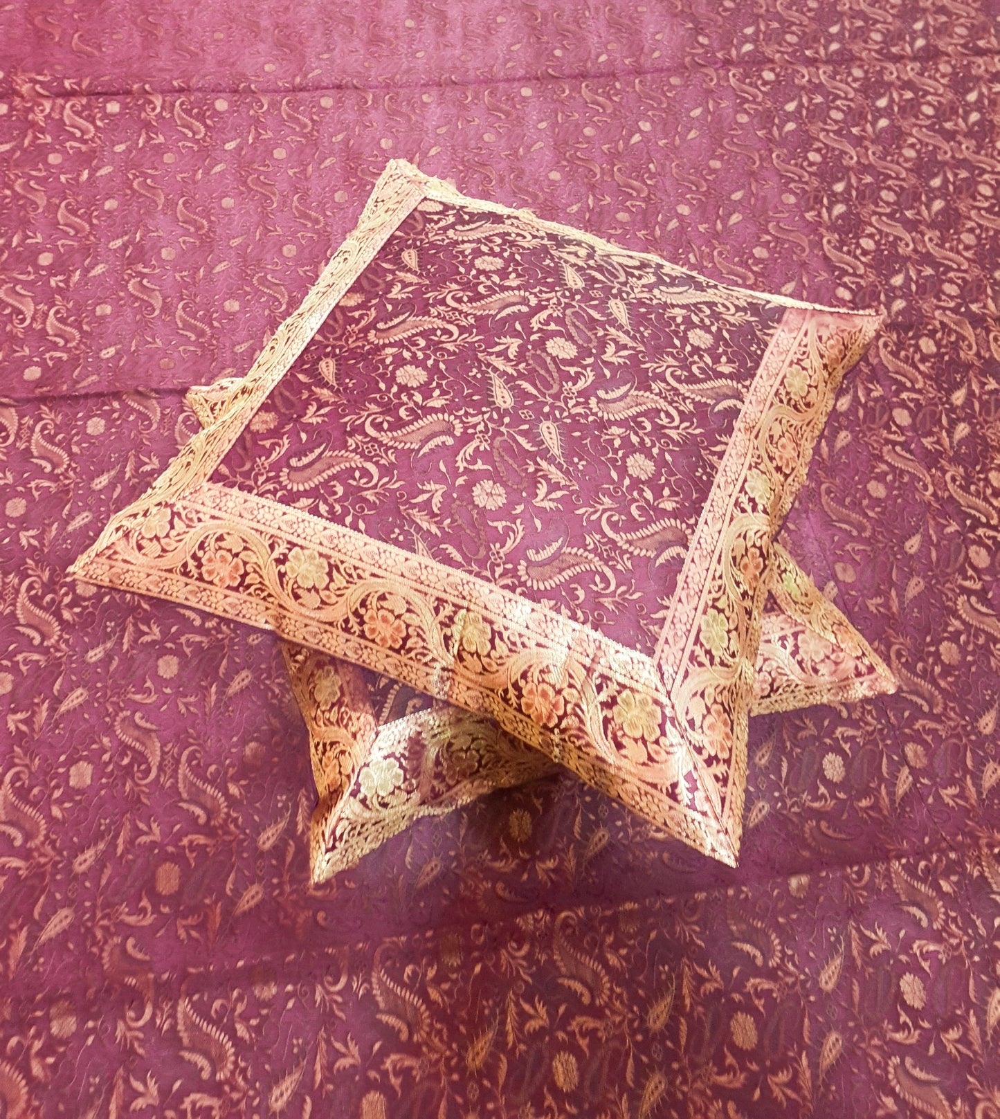 Banarasi Bed Cushion & Pillow Cover Set Wine Art Silk Woven Brocade Indian Gift