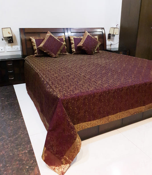 Banarasi Bed Cushion & Pillow Cover Set Wine Art Silk Woven Brocade Indian Gift