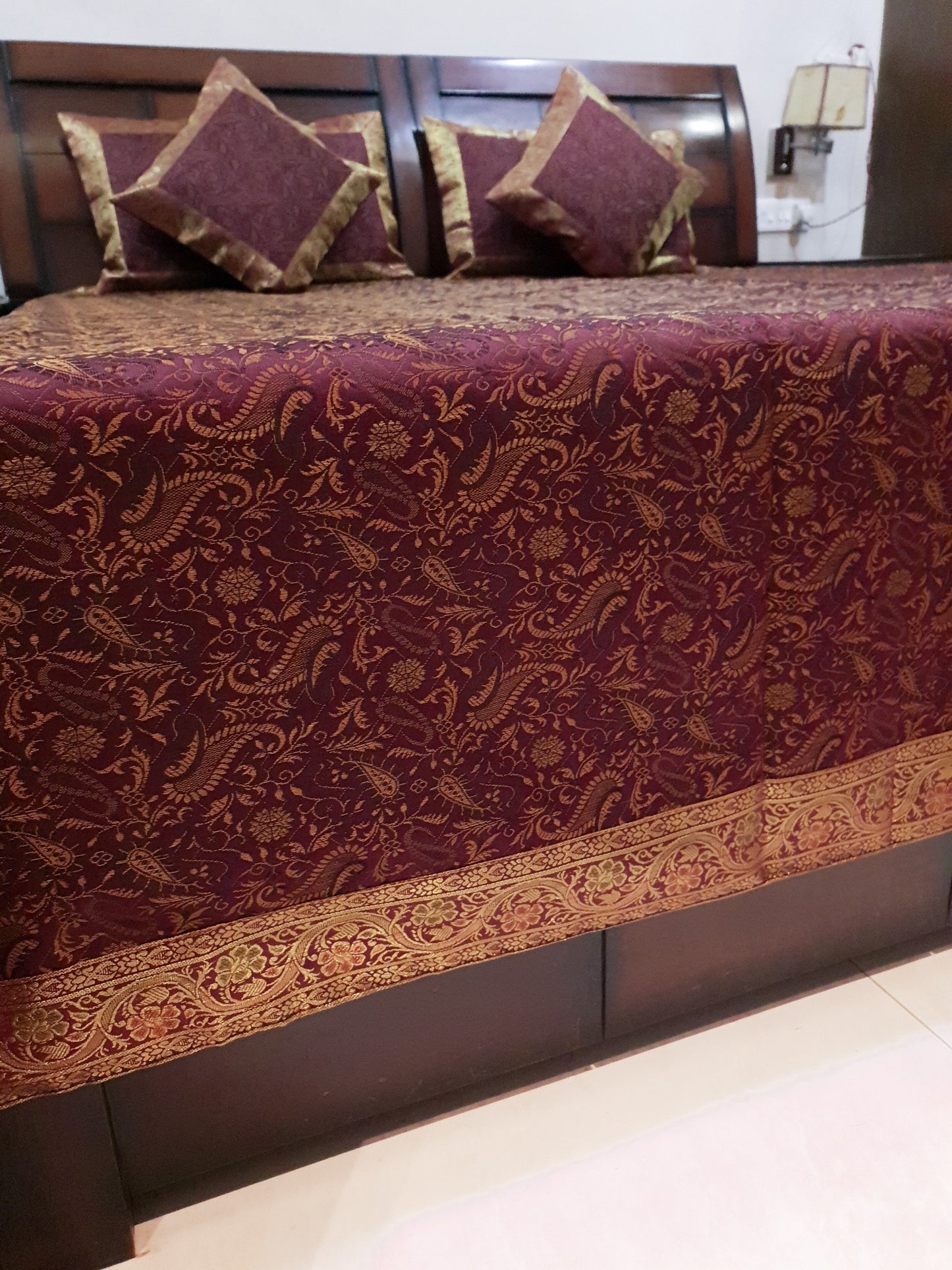 Banarasi Bed Cushion & Pillow Cover Set Wine Art Silk Woven Brocade Indian Gift