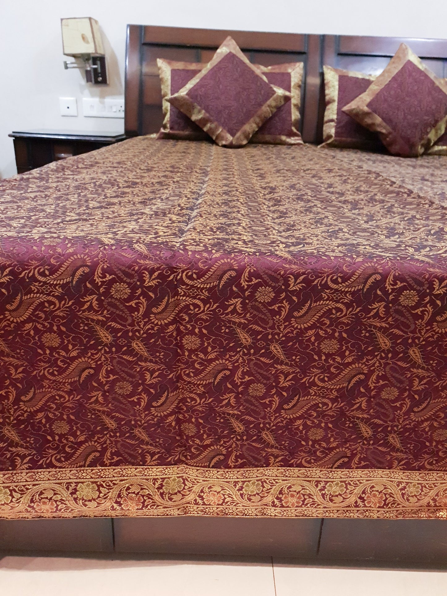 Banarasi Bed Cushion & Pillow Cover Set Wine Art Silk Woven Brocade Indian Gift