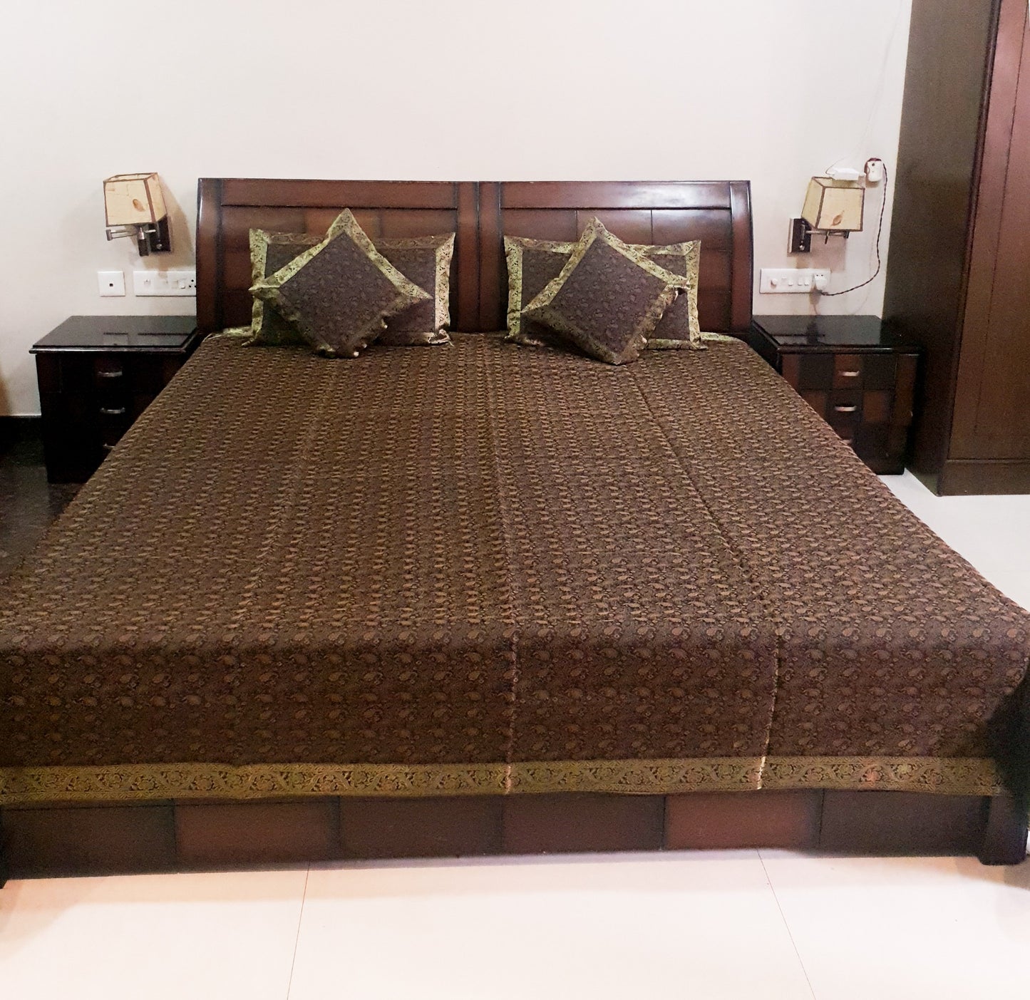 Banarasi Bed, Cushion & Pillow Cover Set Black Silk & Woven Zari Brocade Indian
