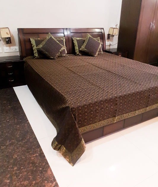 Banarasi Bed, Cushion & Pillow Cover Set Black Silk & Woven Zari Brocade Indian