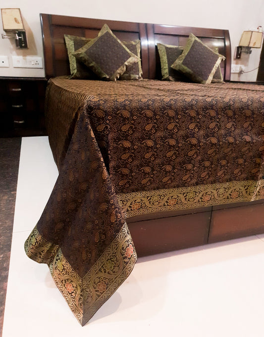Banarasi Bed, Cushion & Pillow Cover Set Black Silk & Woven Zari Brocade Indian