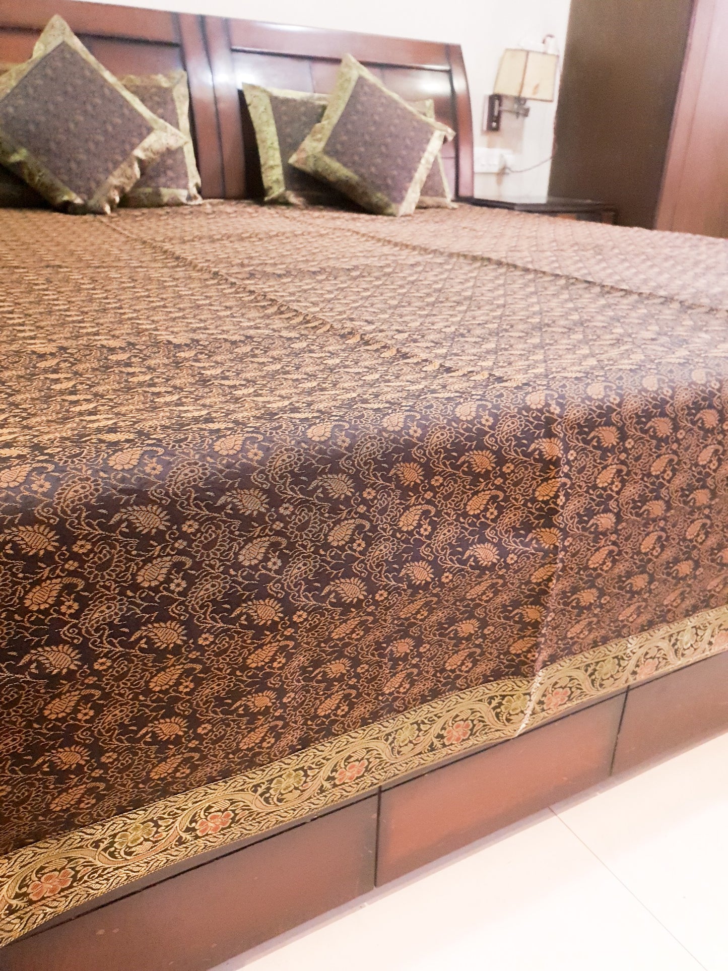 Banarasi Bed, Cushion & Pillow Cover Set Black Silk & Woven Zari Brocade Indian
