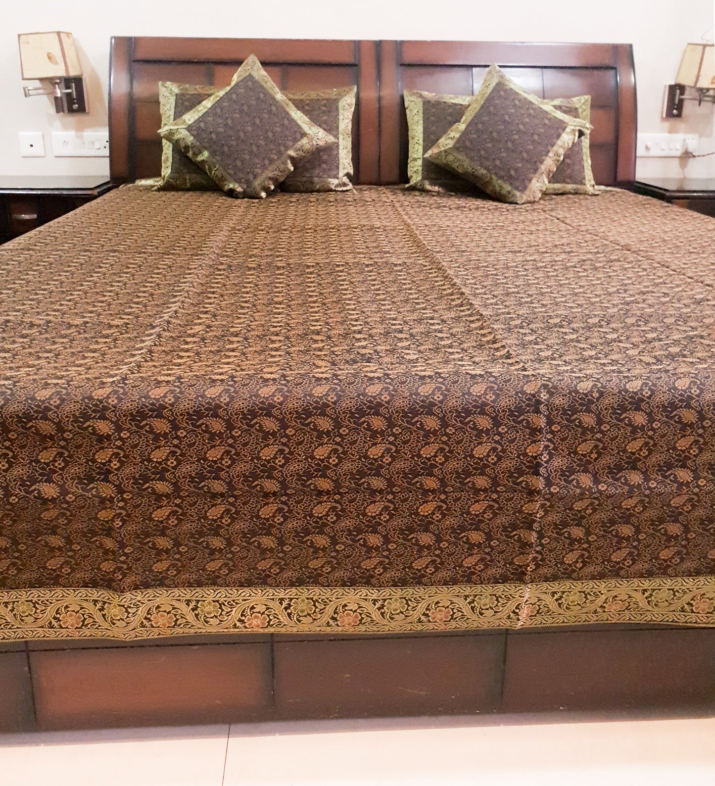 Banarasi Bed, Cushion & Pillow Cover Set Black Silk & Woven Zari Brocade Indian