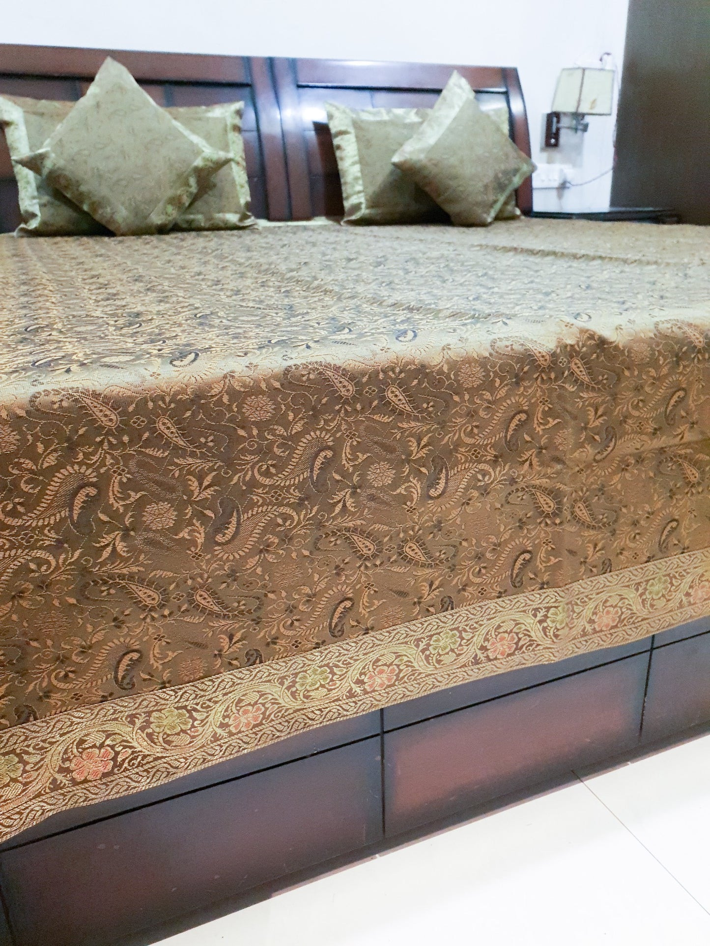Banarasi Bed Cushion & Pillow Cover Set Art Silk Woven Brocade Indian Decor Gift