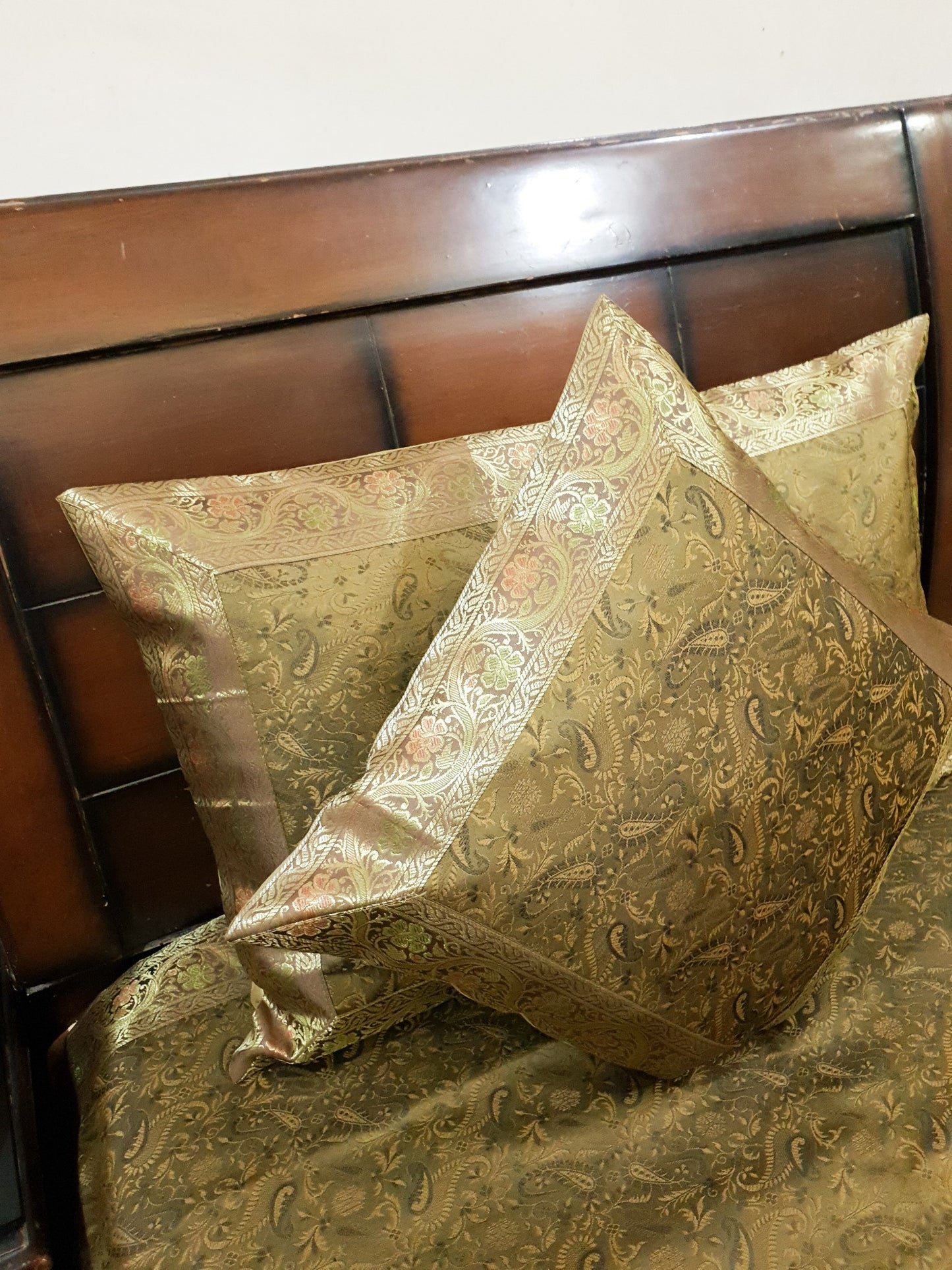 Banarasi Bed Cushion & Pillow Cover Set Art Silk Woven Brocade Indian Decor Gift