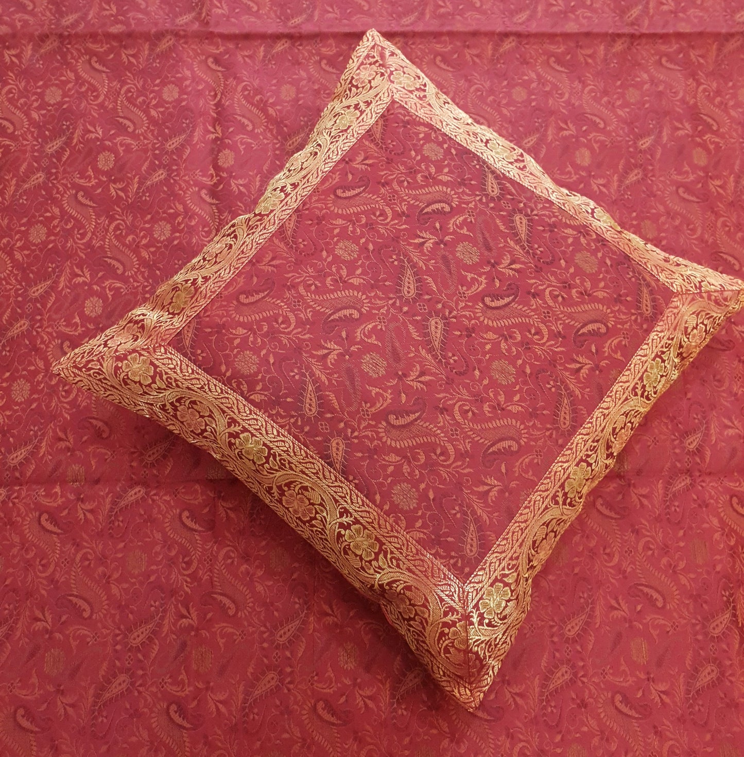 Banarasi Red Bed Cushion & Pillow Cover Set Art Silk Woven Brocade Indian Gift