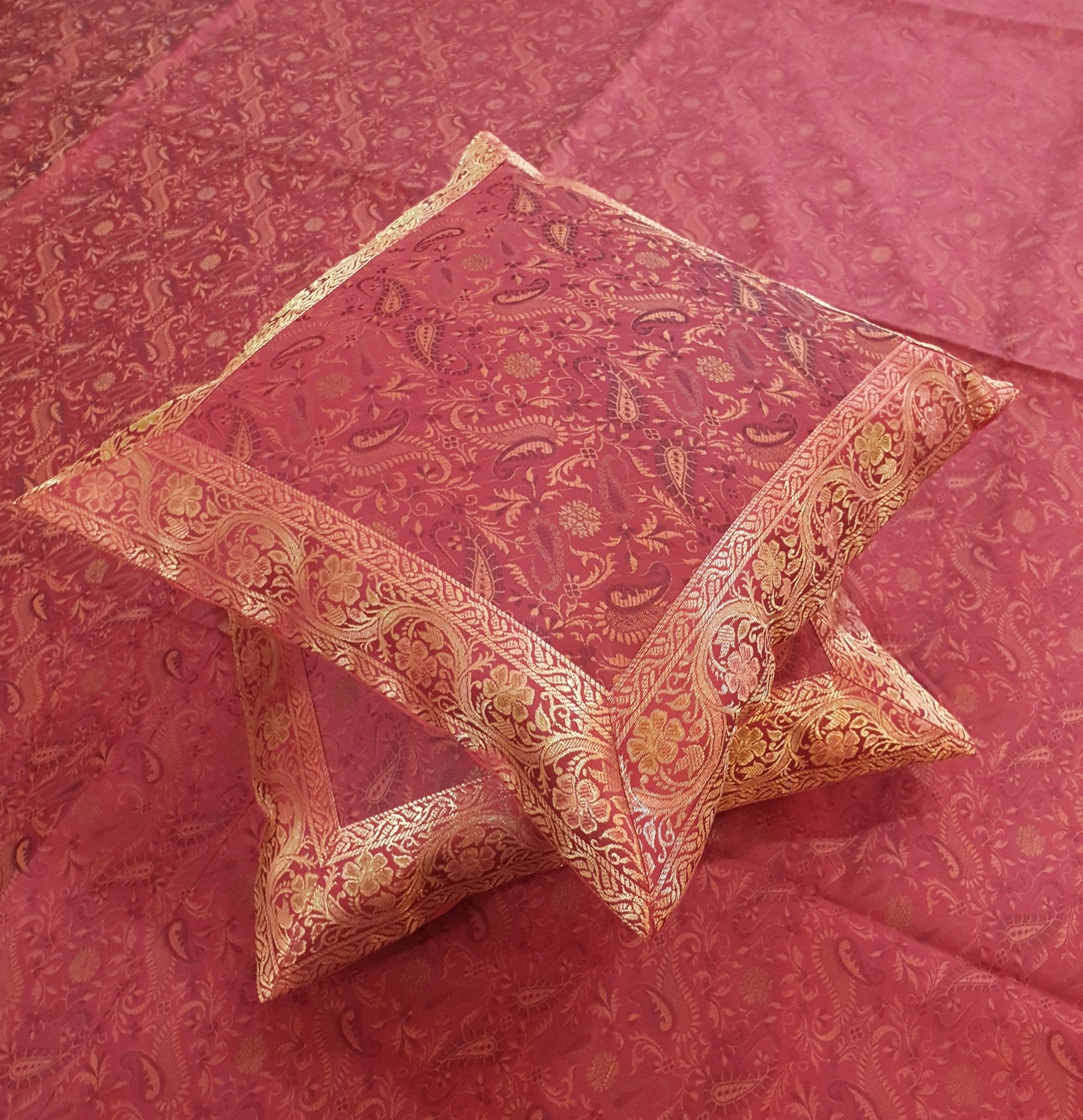 Banarasi Red Bed Cushion & Pillow Cover Set Art Silk Woven Brocade Indian Gift