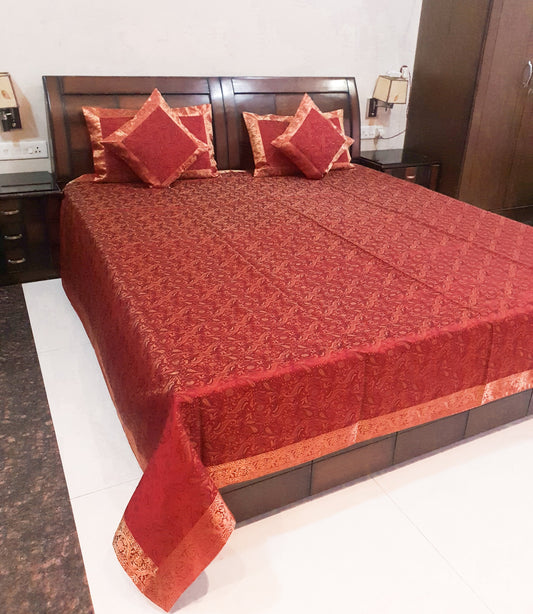 Banarasi Red Bed Cushion & Pillow Cover Set Art Silk Woven Brocade Indian Gift