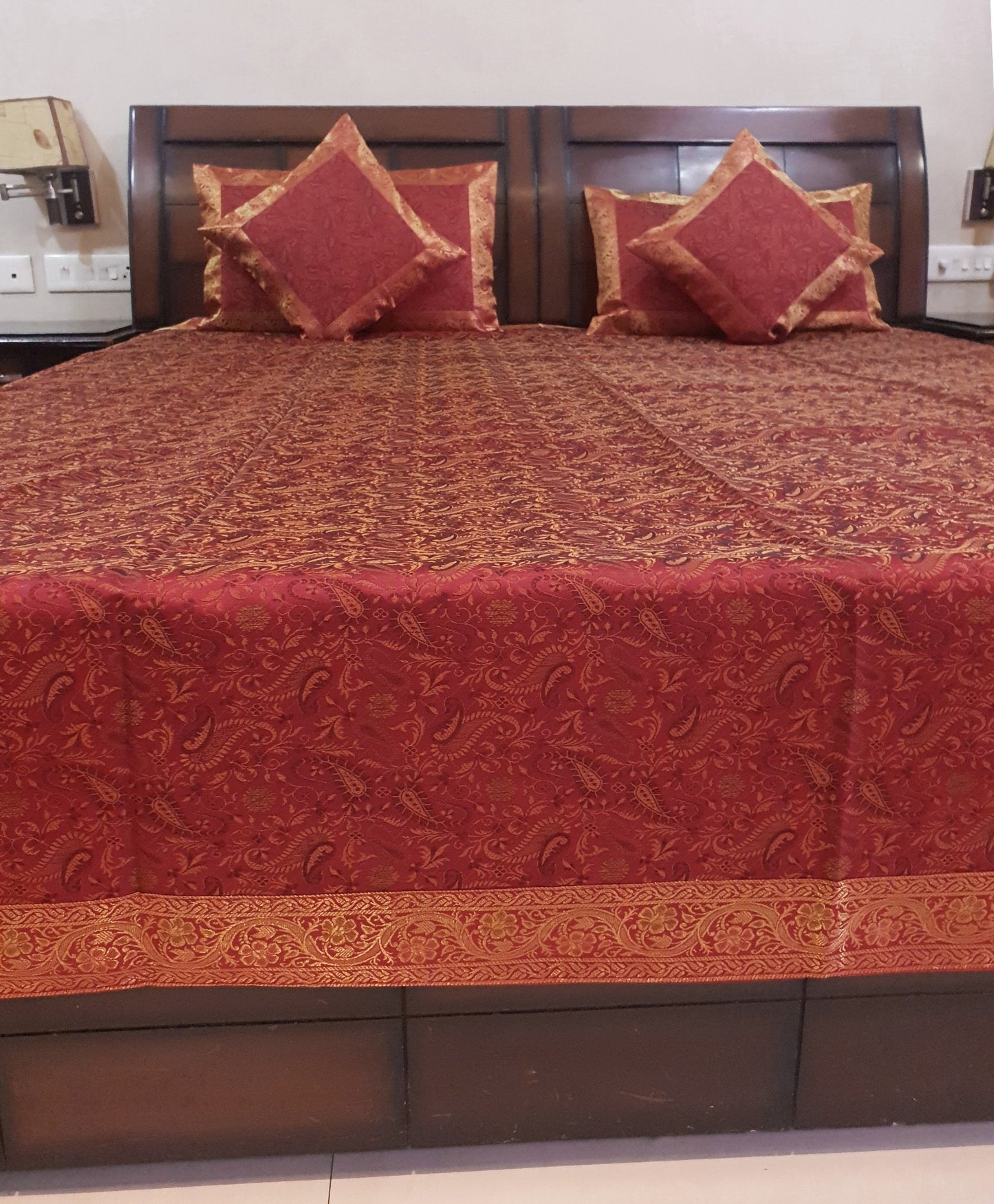 Banarasi Red Bed Cushion & Pillow Cover Set Art Silk Woven Brocade Indian Gift