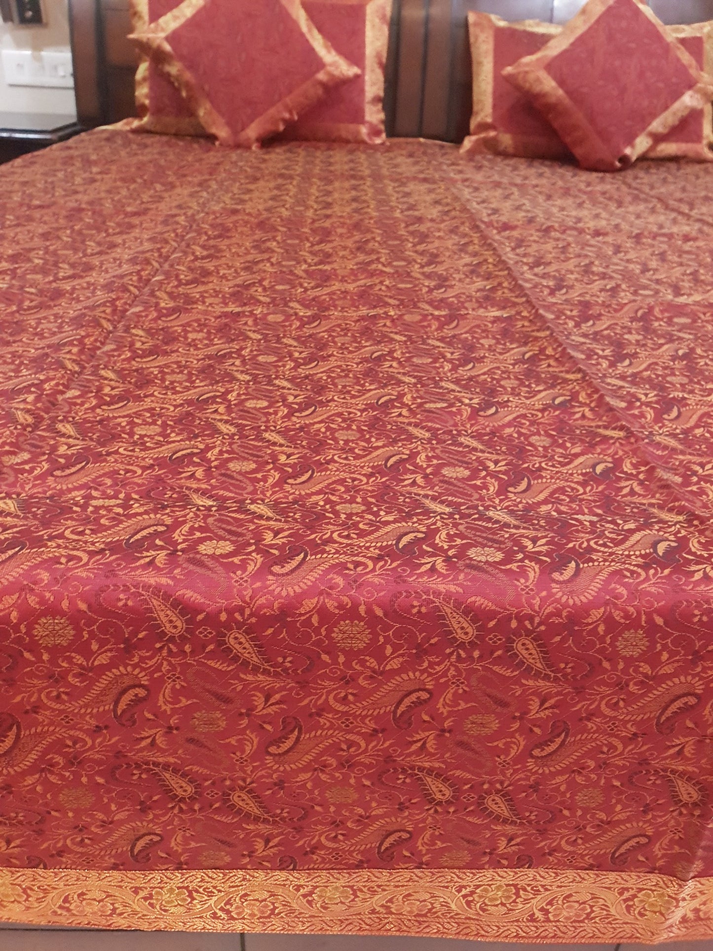 Banarasi Red Bed Cushion & Pillow Cover Set Art Silk Woven Brocade Indian Gift