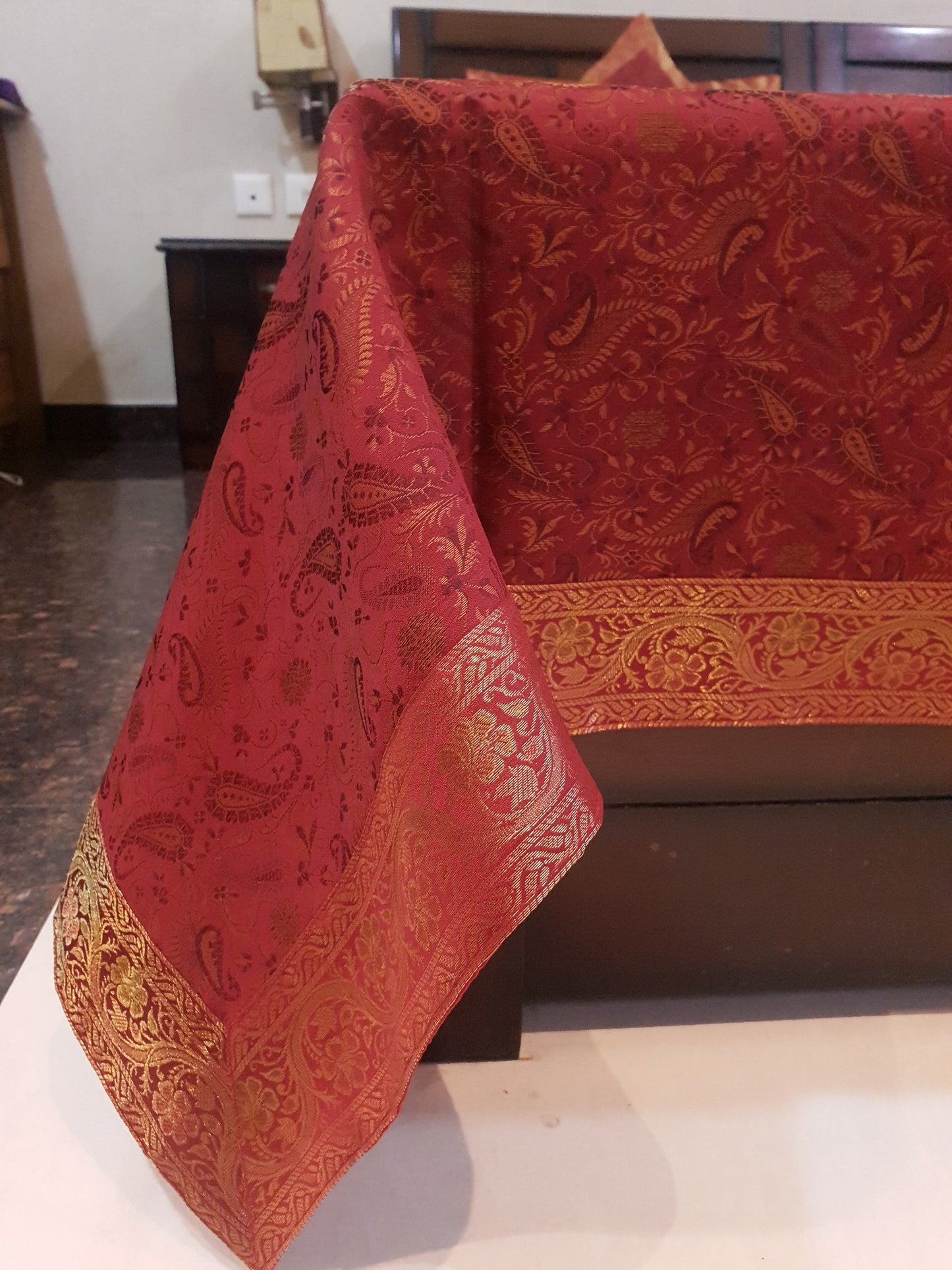 Banarasi Red Bed Cushion & Pillow Cover Set Art Silk Woven Brocade Indian Gift
