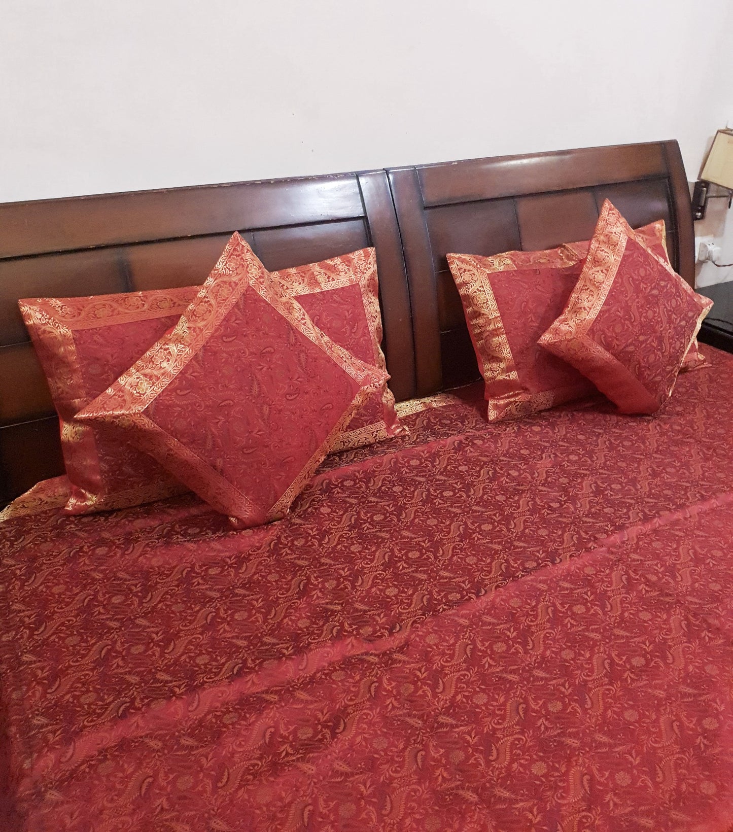 Banarasi Red Bed Cushion & Pillow Cover Set Art Silk Woven Brocade Indian Gift