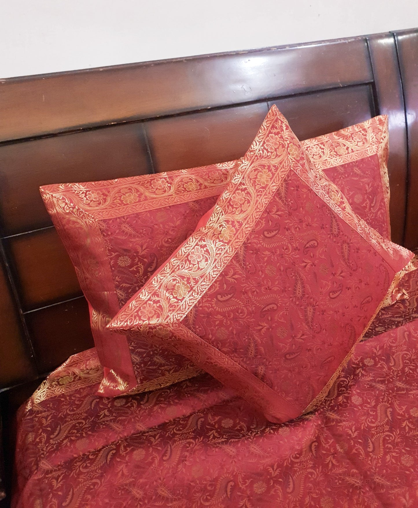 Banarasi Red Bed Cushion & Pillow Cover Set Art Silk Woven Brocade Indian Gift