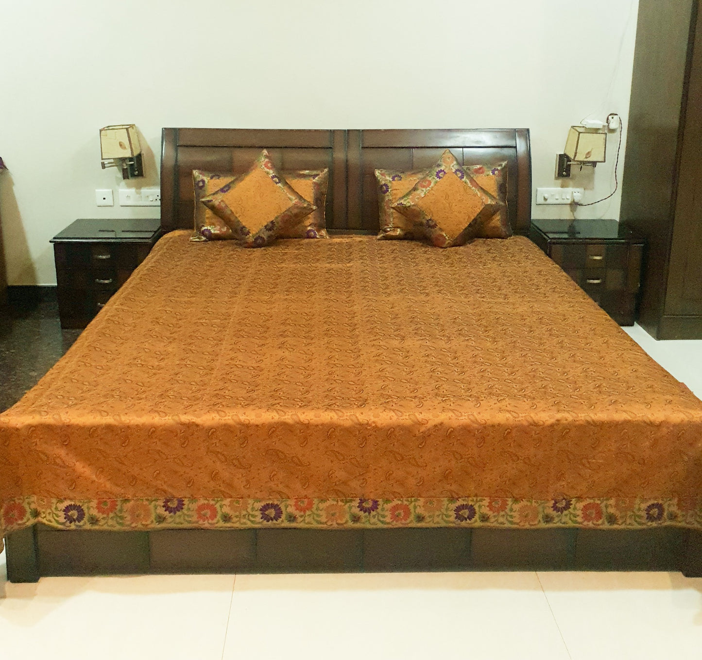 Banarasi Mustard Bed Cushion & Pillow Cover Set Silk Woven Brocade Indian Gift